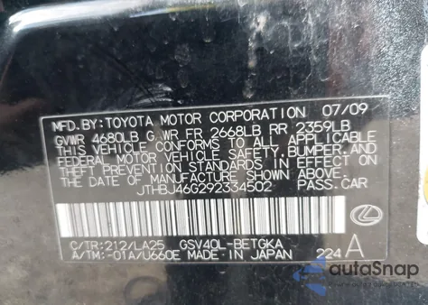 2009 Lexus Es 350 z USA, uszkodzony, nr VIN JTHBJ46G292334502